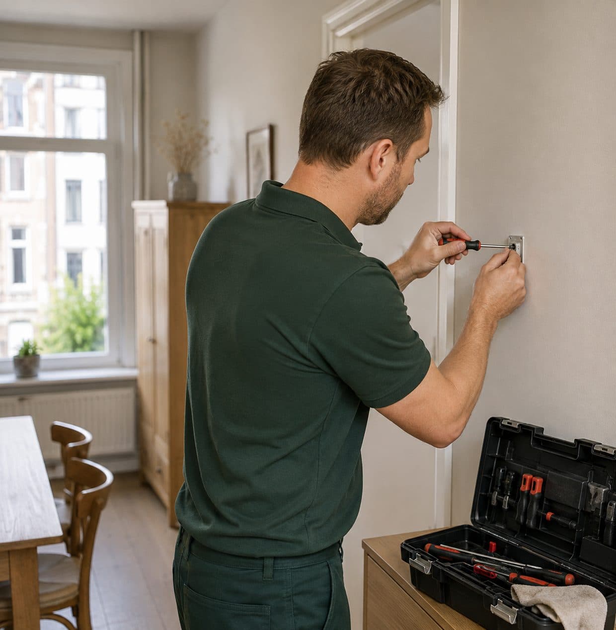 Den Klusser voert een kleine herstelling uit in een woning in Antwerpen